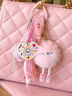 Pink Fuzzy Pom Pom Keychain Charm with Heart Teacher Tag